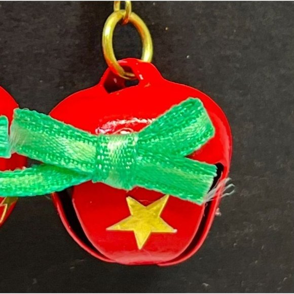 Vintage Jingle Sleigh Bells Earrings Red with Gold Stars Christmas Bells - Picture 5 of 6